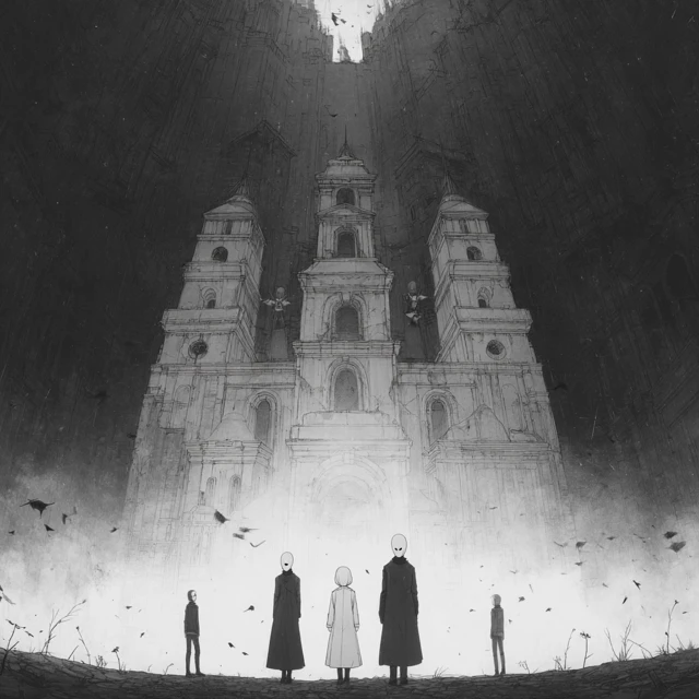 Eerie Church Scene Black and White Illustration