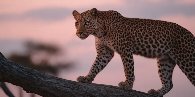 African Leopard Walking Across Branch Golden Hour