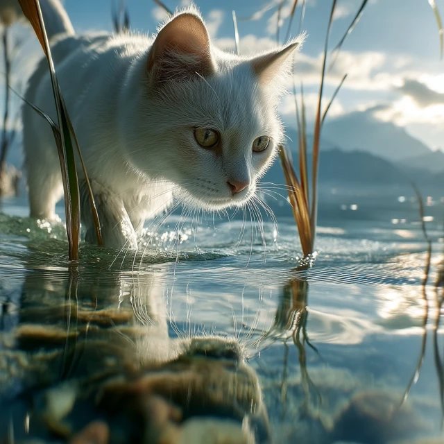 White Cat Walking in Water Lakeside Photo