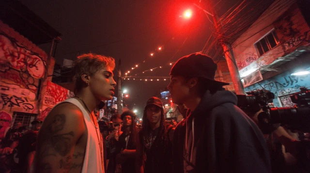 Favela Confrontation Neon Night Gritty Urban Scene