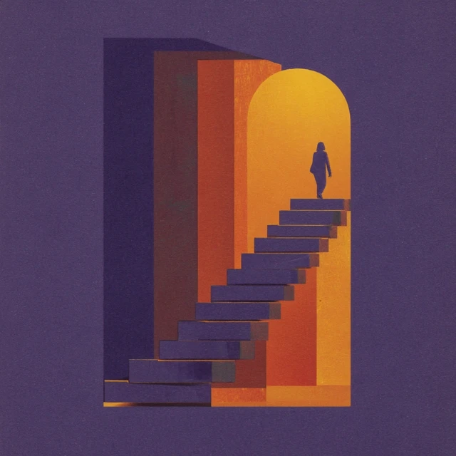 Spiritual Journey: Woman on Golden Staircase