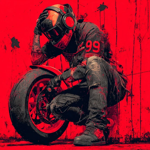 Motorcycle Rider Red and Black Grime Art