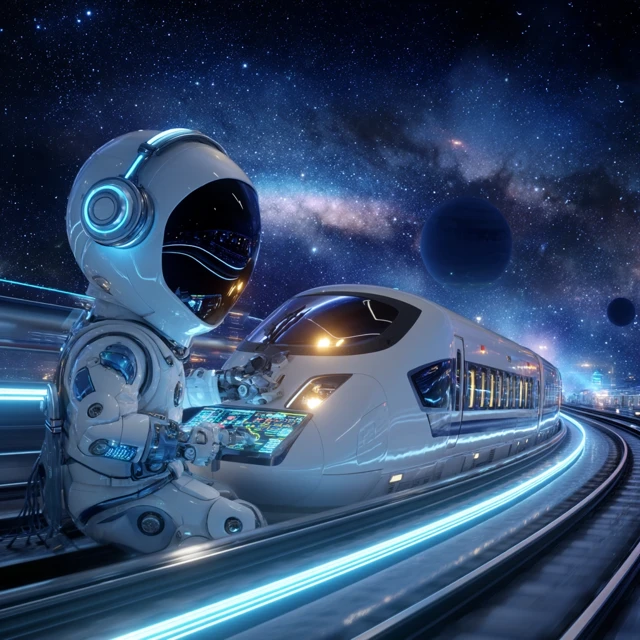 Astronaut Train Ride Through Space Cartoon