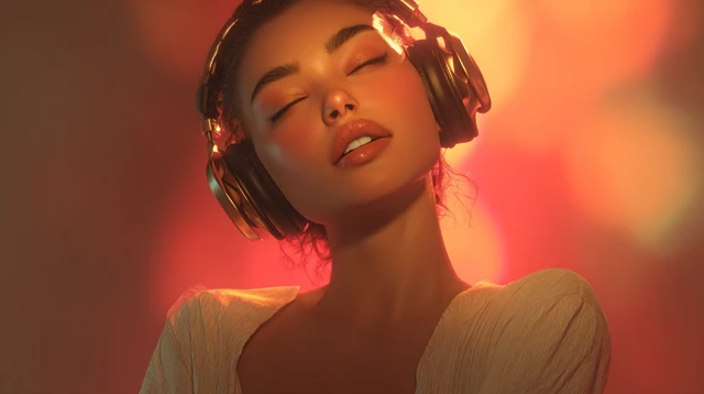 Beautiful Girl with Headphones Listening to Music