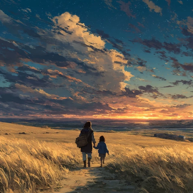Mother and Child Sunset Illustration Disney Style