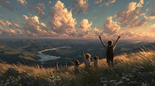 Joyful Moment Overlooking Rolling Hills Sunset