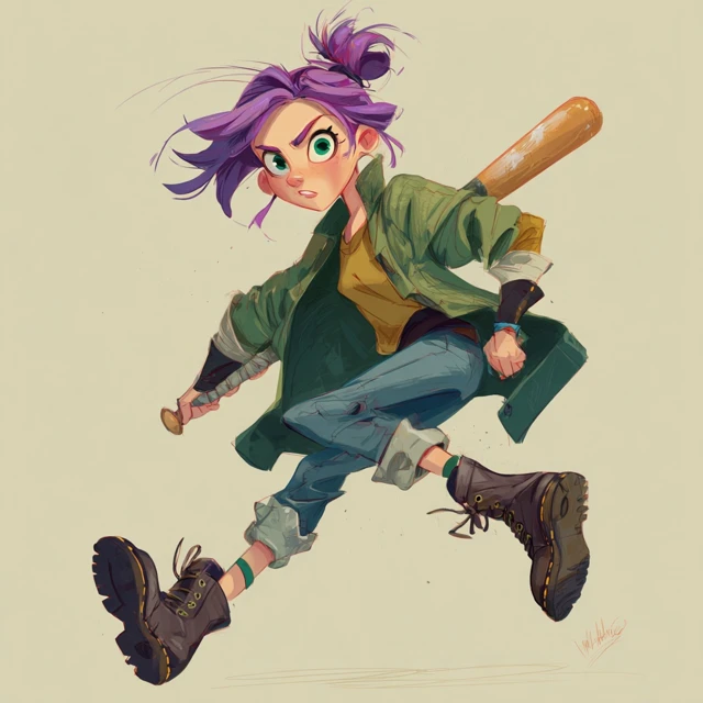 Cartoon Girl with Baseball Bat Dynamic Pose