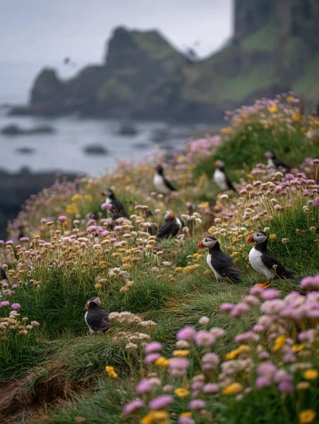 Puffins in Iceland Coastal Grassland