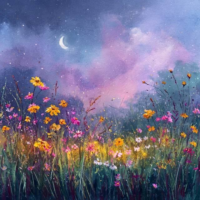 Moonlit Wildflower Field Watercolor Painting