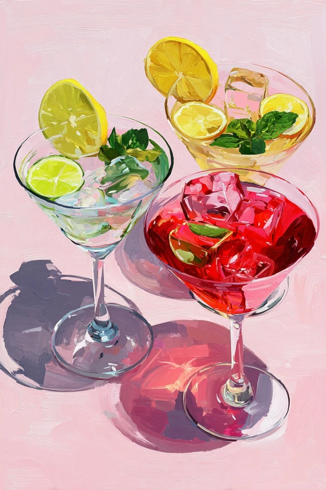 Cocktail Painting Martini Glasses with Lemon Lime and Mint