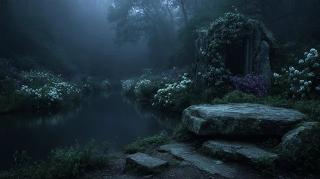 Mysterious Forest Scene with River and Stone Structure
