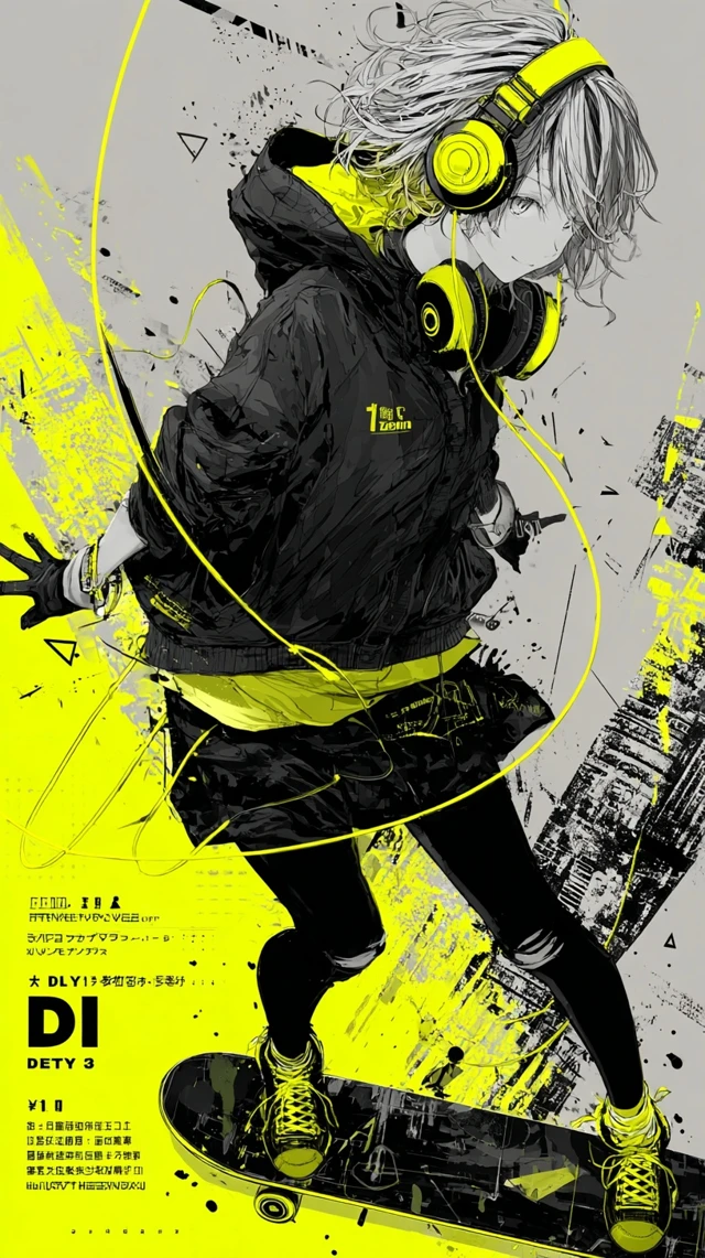 Anime DJ on Hoverboard with Graffiti Background