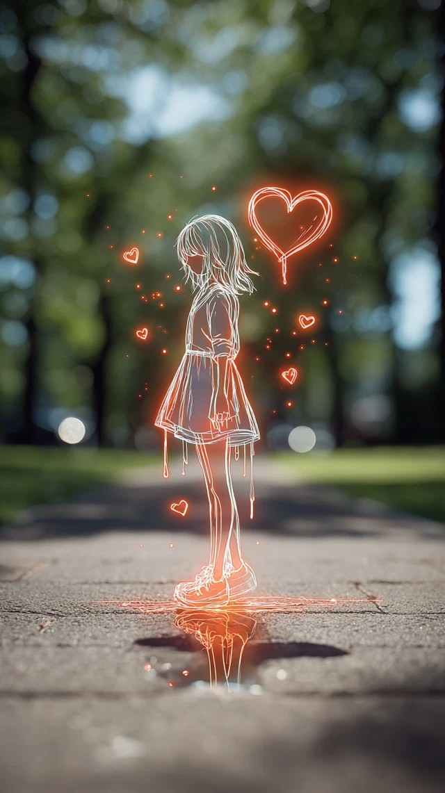Anime Girl with Neon Heart in Summer Park