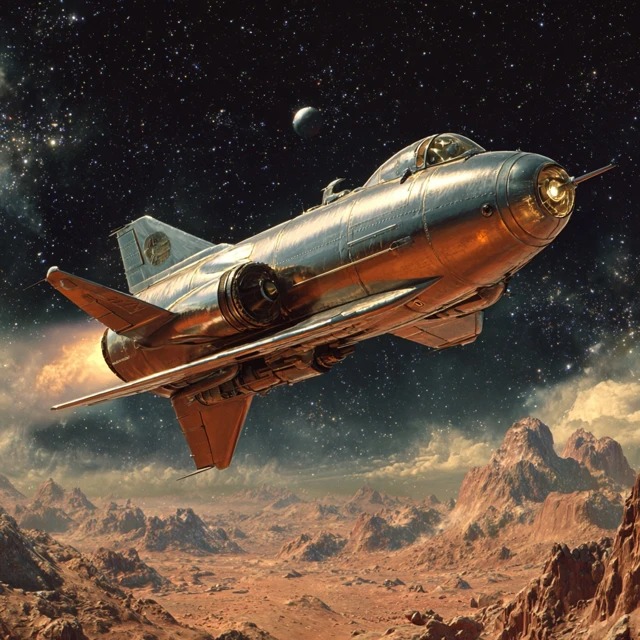 Retro Rocketship Flying in Space Over a Planet