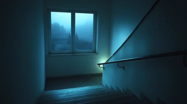 Dimly Lit Staircase at Night Cinematic Scene