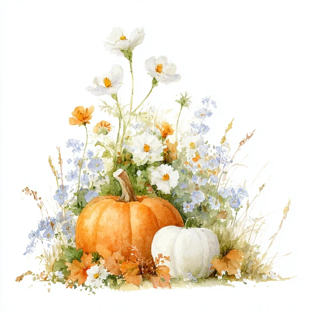 Watercolor Autumn Pumpkin and Wildflower Illustration