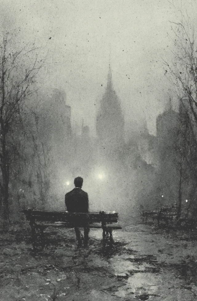 Solitary Figure in a Foggy Park Pencil Sketch