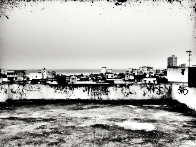 San Juan Rooftop View City Ocean Black and White
