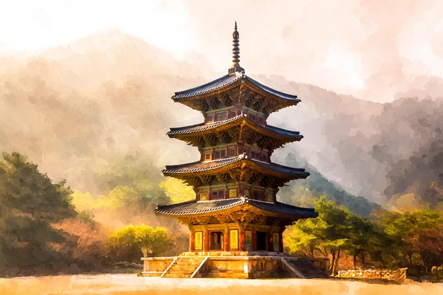 Palsangjeon Pagoda South Korea Watercolor Art