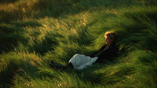 Serene Field Person Relaxing Golden Sunlight