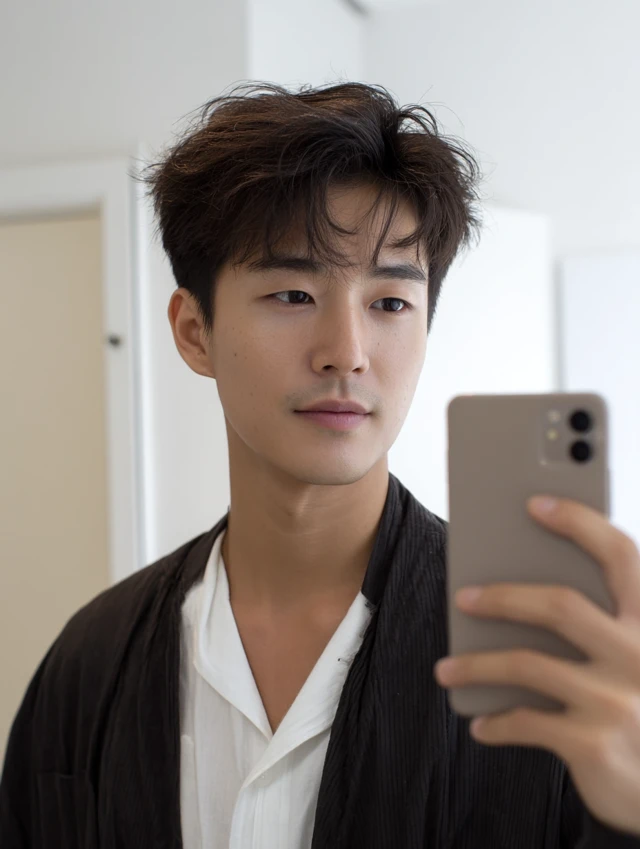 Korean Man Selfie Two Block Hair Salon Look