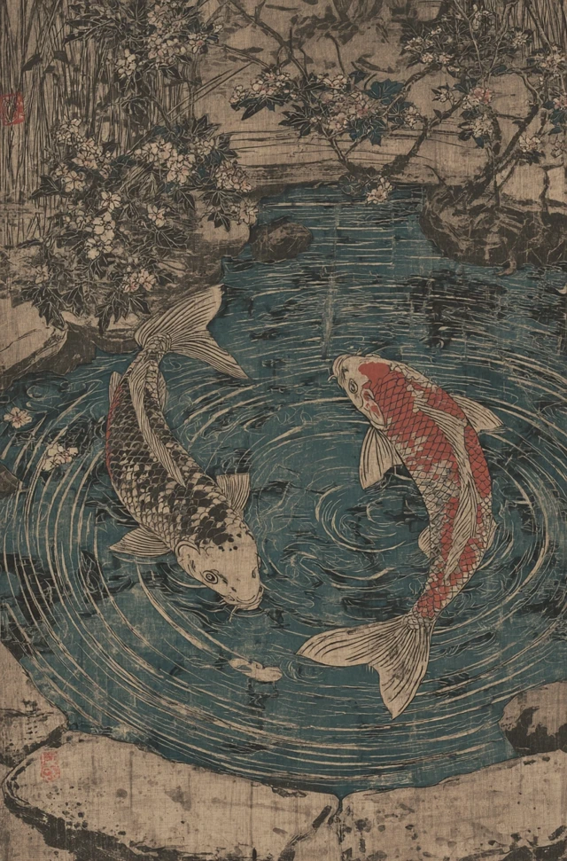 Koi Fish Forming a Circle Japanese Art