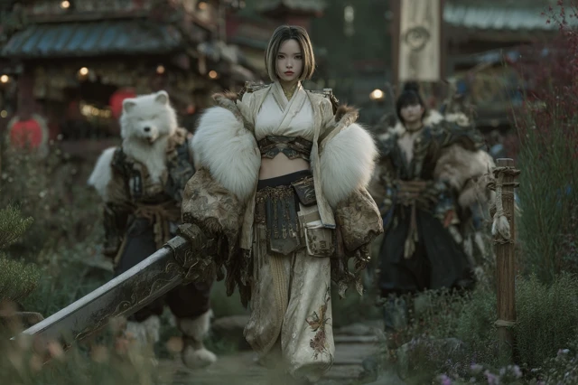 Asia Female Druid with Sword in Garden