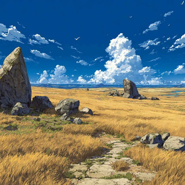 Megalithic Stones Wheat Field Anime Illustration