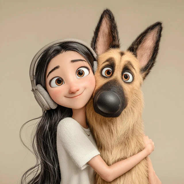Asian Woman and Dog Smiling Together Pixar Style