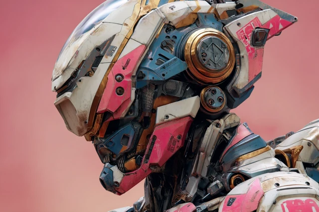 Battle Mecha Portrait Pink White Gold Cyberpunk