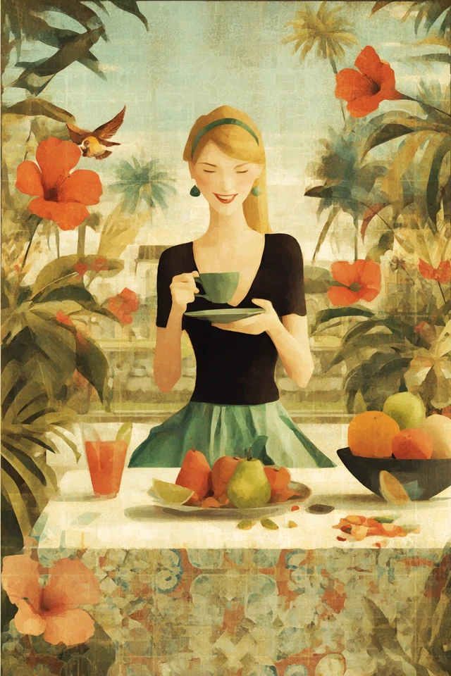 Garden Scene Woman at Table Watercolor Art