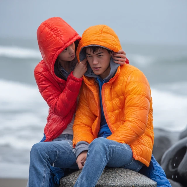 Young Couple at Beach in Rain