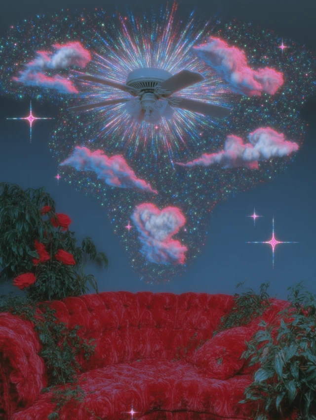 Liminal Space Dreamlike Photograph Red Sofa Night Scene