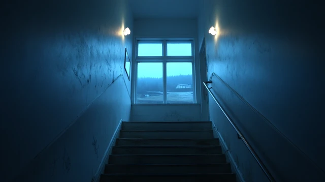 Dimly Lit Staircase at Night Cinematic Scene
