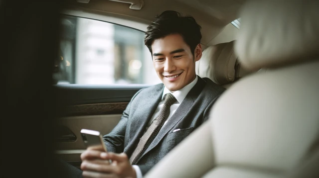 Young Asian Businessman in Luxury Car Smiling at Phone