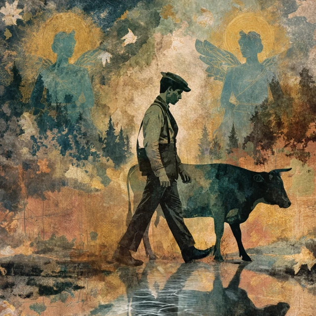 Man and Cow Forest Watercolor Painting