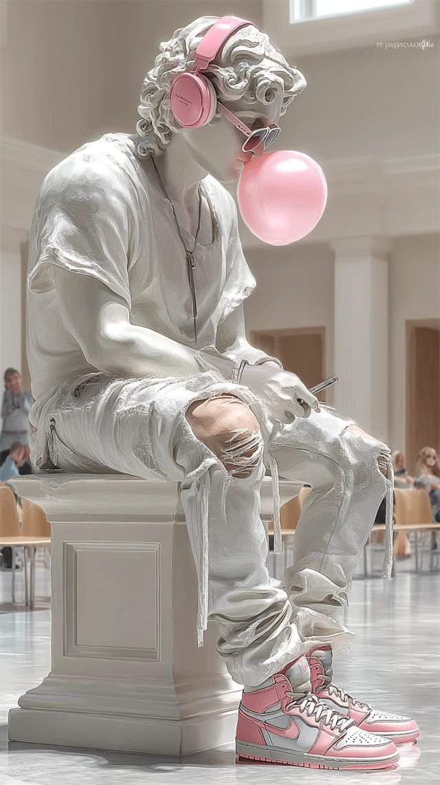 Modern David Statue with Headphones and Bubble Gum