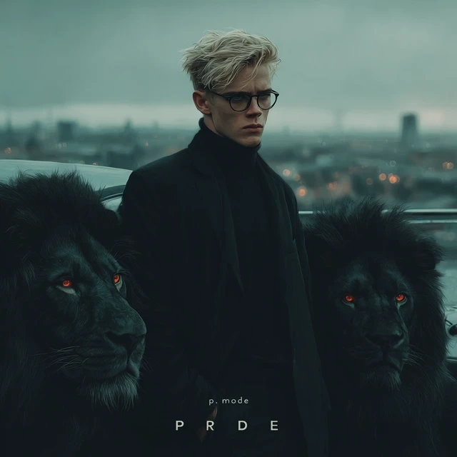 Young Man With Lions And Cityscape Photo