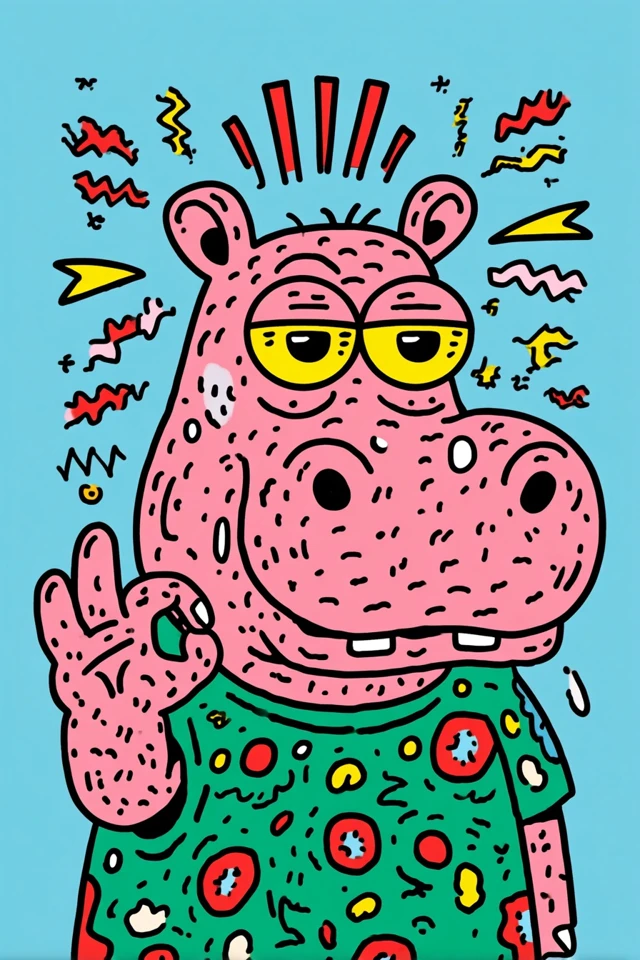 Tired Hippo Makes OK Gesture Funny Cartoon Art
