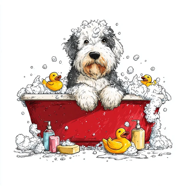 Old English Sheepdog in a Bubble Bath Clipart