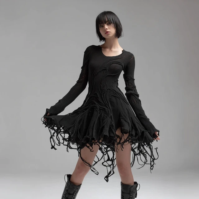 Conceptual Knitted Dress Flared Long Sleeves Ragged Style