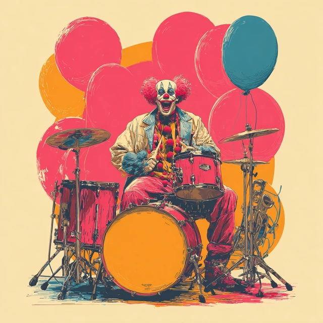 Psychedelic Clown Drummer with Balloons and Jazz