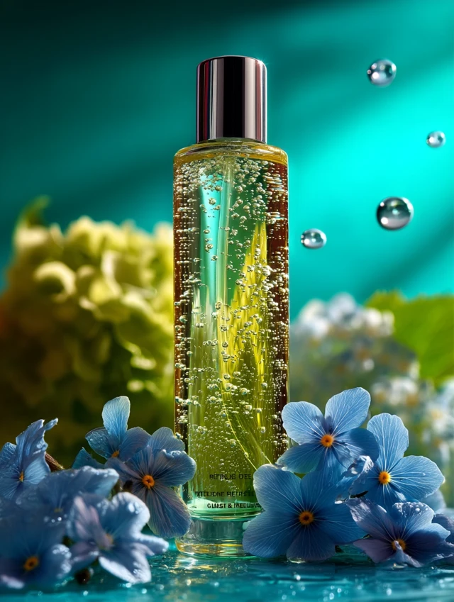 Skincare Bottle with Blue Flowers and Bubbles