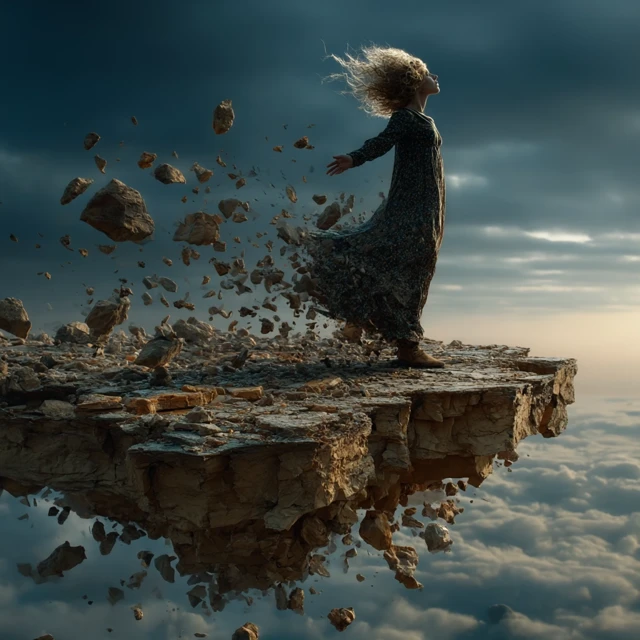 Woman on Collapsing Cliff Surreal Art