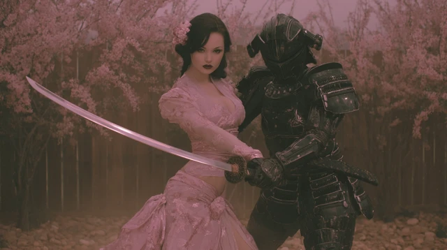 Geisha Samurai in Combat Striking Warrior Pose