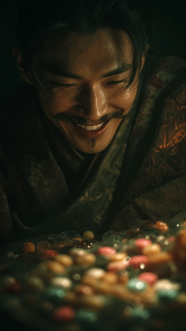 Ancient Chinese Man with Pills Smiling Late Night