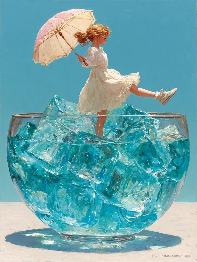 Girl in Dress with Umbrella on Jelly Illustration
