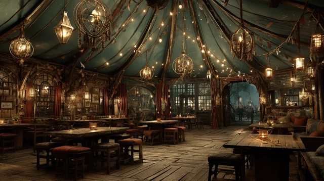 Fisher Pub Interior Under Tent: Cinematic and Hyperrealistic
