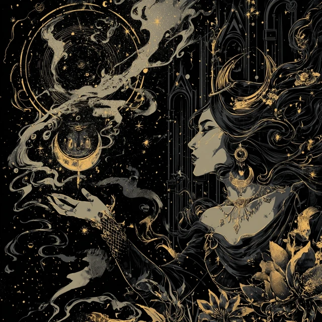 Goddess Casting Spell Black and Gold Illustration