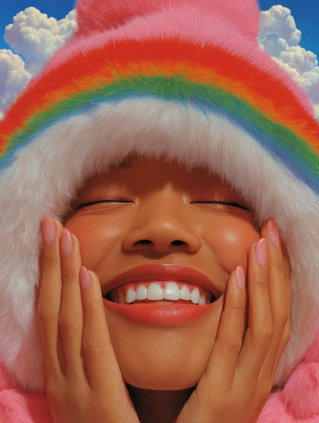 Rainbow Fur Hat Woman Smiling Pride Illustration